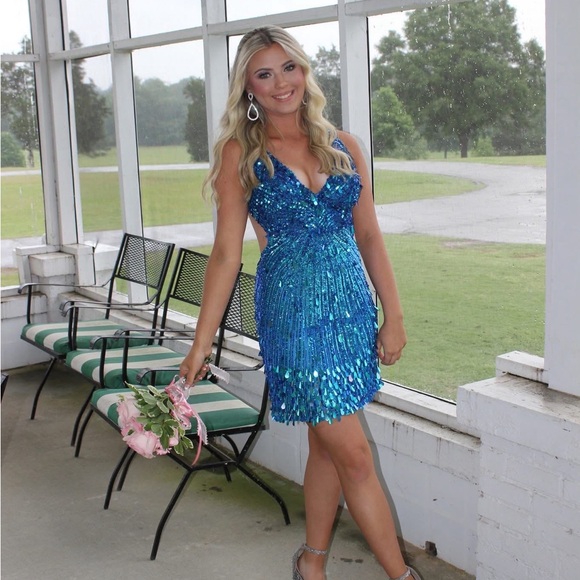 Sherri Hill Style 56697 Peacock Blue Mini Formal - Picture 3 of 10